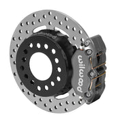 Wilwood rear Dynapro Lug Mount kit for Big Ford New Style 2.50-inch offset: gray caliper and 11.44-inch drilled rotor in assembled view