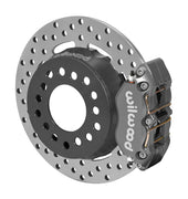 Wilwood rear Dynapro Lug Mount kit for Big Ford 2.36-inch offset: gray caliper and 11.44-inch drilled rotor in assembled view