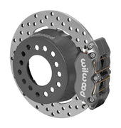 Wilwood rear Dynapro Lug Mount kit for Olds/Pontiac 2.81-inch offset, half-inch-stud hat mounting: gray caliper and 11.44-inch drilled rotor in assembled view