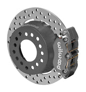 Wilwood rear Dynapro Lug Mount kit for Symmetrical End 2.81-inch offset, half-inch-stud hat mounting: gray caliper and 11.44-inch drilled rotor in assembled view
