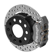 Wilwood rear Dynapro Lug Mount kit for Olds/Pontiac 2.81-inch offset, large-stud hat mounting: gray caliper and 11.44-inch drilled rotor in assembled view