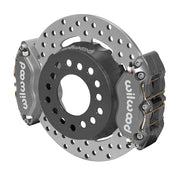 Wilwood rear Dynapro Lug Mount kit for Big Ford 2.36-inch offset: gray dual calipers and 11.44-inch drilled rotor in assembled view
