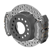 Wilwood rear Dynapro Lug Mount kit for Olds/Pontiac 2.81-inch offset, half-inch-stud hat mounting: gray dual calipers and 11.44-inch drilled rotor in assembled view