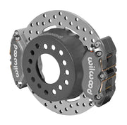 Wilwood rear Dynapro Lug Mount kit for Symmetrical End 2.81-inch offset, half-inch-stud hat mounting: gray dual calipers and 11.44-inch drilled rotor in assembled view