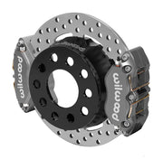 Wilwood rear Dynapro Lug Mount kit for Olds/Pontiac 2.81-inch offset, large-stud hat mounting: gray dual calipers and 11.44-inch drilled rotor in assembled view