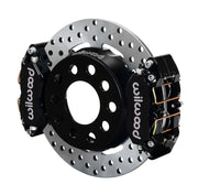 Wilwood rear Dynapro Lug Mount kit for Symmetrical End 2.81-inch offset, large-stud hat mounting: black dual calipers and 11.44-inch drilled rotor in assembled view
