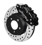 Wilwood front Forged Narrow Superlite 4R kit for Jeep Cherokee/Wagoneer/Comanche/Wrangler/TJ Series: black caliper and 12.19-inch drilled and slotted rotor in assembled view