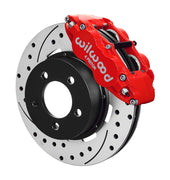 Wilwood front Forged Narrow Superlite 4R kit for Jeep Cherokee/Wagoneer/Comanche/Wrangler/TJ Series: red caliper and 12.19-inch drilled and slotted rotor in assembled view