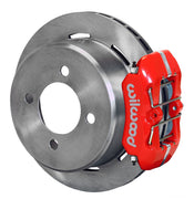 Wilwood rear Forged Dynapro Low Profile kit for 7.25 Mustang 2.80-inch offset: red caliper and 11.00-inch plain-face rotor in assembled view