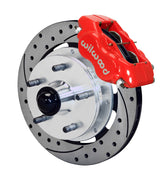 Wilwood front Forged Dynalite Internal kit for Oldsmobile drum spindle: red caliper and 11.75-inch drilled and slotted rotor in assembled view