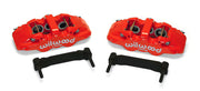 Wilwood red AERO6 front caliper and bracket kit, paired calipers and brackets in alternate view
