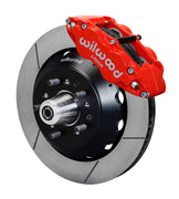 Wilwood front Forged Narrow Superlite 6R kit for Ford/Mercury disc spindle drum spindle: red caliper and 14.00-inch slotted rotor in assembled view