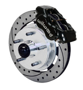 Wilwood front Forged Dynalite Internal kit for Cadillac drum spindle: black caliper and 11.75-inch drilled and slotted rotor in assembled view