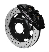 Wilwood front Dynapro 6 kit for Fiat 500: black caliper and 12.19-inch drilled and slotted rotor in assembled view