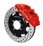 Wilwood front Dynapro 6 kit for Fiat 500: red caliper and 12.19-inch drilled and slotted rotor in assembled view