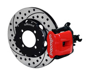 Wilwood red rear Combination Parking Brake brake assembly for 500, 11.00-inch drilled/slotted rotor and caliper view