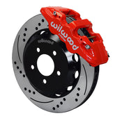 Wilwood red front AERO6 brake assembly for Subaru, 14.00-inch drilled/slotted rotor and caliper view