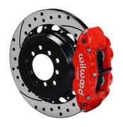 Wilwood red rear Superlite 4R brake assembly for Impreza, 12.88-inch drilled/slotted rotor and caliper view