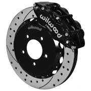 Wilwood black front Superlite 6R brake assembly for MX-5 Miata, 12.88-inch drilled/slotted rotor and caliper view
