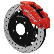 Wilwood red front Superlite 6R brake assembly for MX-5 Miata, 12.88-inch drilled/slotted rotor and caliper view