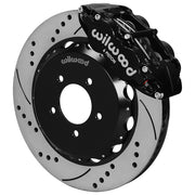 Wilwood black front Superlite 6R brake assembly for MX-5 Miata, 14.00-inch drilled/slotted rotor and caliper view
