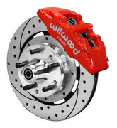 Wilwood red front Dynapro 6 brake assembly for listed 1963–1970 Ford/Mercury spindle applications, 12.19-inch drilled/slotted rotor and caliper view