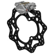 Wilwood gray left front Dynapro Single brake assembly for sprint racing, 11.00-inch scalloped and drilled rotor and caliper view