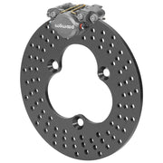 Wilwood gray left front Dynapro Single brake assembly for midget racing, 10.20-inch round drilled rotor and caliper view