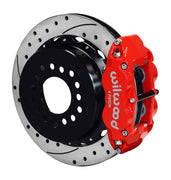 Wilwood red rear Superlite 4R brake assembly for Chevrolet/Oldsmobile/Pontiac/Buick, 12.88-inch drilled/slotted rotor and caliper view