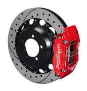 Wilwood red rear Dynapro Dust Seal Radial Mount brake assembly for Impreza, 12.88-inch drilled/slotted rotor and caliper view