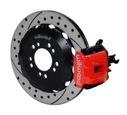 Wilwood red rear Combination Parking Brake brake assembly for Focus, 12.88-inch drilled/slotted rotor and caliper view