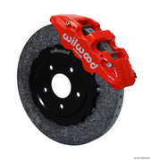 Wilwood Corvette-style carbon-ceramic front single-side assembly with a red AERO6 caliper beside the carbon-ceramic rotor
