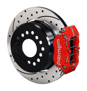 Wilwood Big Ford New Style 2.50-inch-offset rear parking-brake single-side assembly with a red Dynapro Lug Mount caliper beside the drilled-and-slotted rotor