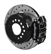 Wilwood Small Ford 2.66-inch-offset rear parking-brake single-side assembly with a black Dynapro Dust-Boot caliper beside the drilled-and-slotted rotor