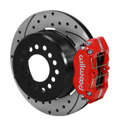 Wilwood Small Ford 2.66-inch-offset rear parking-brake single-side assembly with a red Dynapro Dust-Boot caliper beside the drilled-and-slotted rotor