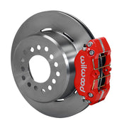Wilwood Small Ford 2.66-inch-offset rear parking-brake single-side assembly with a red Dynapro Dust-Boot caliper beside the plain-face rotor