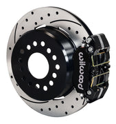 Wilwood Small Ford 2.50-inch-offset rear parking-brake single-side assembly with a black Dynapro Dust-Boot caliper beside the drilled-and-slotted rotor