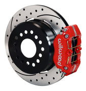 Wilwood Big Ford New Style 2.50-inch-offset rear parking-brake single-side assembly with a red Dynapro Dust-Boot caliper beside the drilled-and-slotted rotor