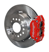 Wilwood Big Ford New Style 2.50-inch-offset rear parking-brake single-side assembly with a red Dynapro Dust-Boot caliper beside the plain-face rotor