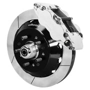 Wilwood TCI IFS front single-side assembly showing a polished Superlite 6R caliper beside a 14-inch slotted rotor ring and protruding wheel studs