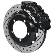 Wilwood Bronco Dana 30/44 drum-spindle front single-side assembly showing a black Superlite 6R caliper beside a 12.88-inch drilled-and-slotted rotor