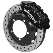 Wilwood Bronco Dana 44 factory-disc-spindle front single-side assembly showing a black Superlite 6R caliper beside a 12.88-inch drilled-and-slotted rotor