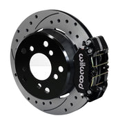 Wilwood Big Ford Bronco rear parking-brake single-side assembly with a black Dynapro Lug Mount caliper beside the drilled-and-slotted rotor