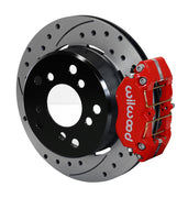 Wilwood Big Ford Bronco rear parking-brake single-side assembly with a red Dynapro Lug Mount caliper beside the drilled-and-slotted rotor