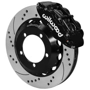 Wilwood Bronco Dana 30/44 drum-spindle front single-side assembly showing a black Superlite 6R caliper beside a 14-inch drilled-and-slotted rotor