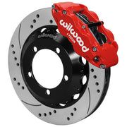 Wilwood Bronco Dana 30/44 drum-spindle front single-side assembly showing a red Superlite 6R caliper beside a 14-inch drilled-and-slotted rotor