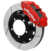 Wilwood Bronco Dana 30/44 drum-spindle front single-side assembly showing a red Superlite 6R caliper beside a 14-inch slotted rotor ring