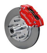 Wilwood Ford and Mercury spindle front single-side assembly showing a red Dynapro dust-boot caliper beside an 11-inch plain-face rotor and protruding wheel studs
