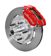 Wilwood ProSpindle front single-side assembly showing a red Dynapro dust-boot caliper beside a 12.19-inch plain-face rotor and protruding wheel studs