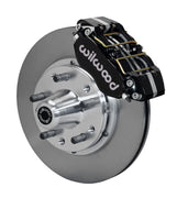 Wilwood Mustang II, Pinto and Bobcat front single-side assembly showing a black Dynapro dust-boot caliper beside an 11-inch plain-face rotor and protruding wheel studs